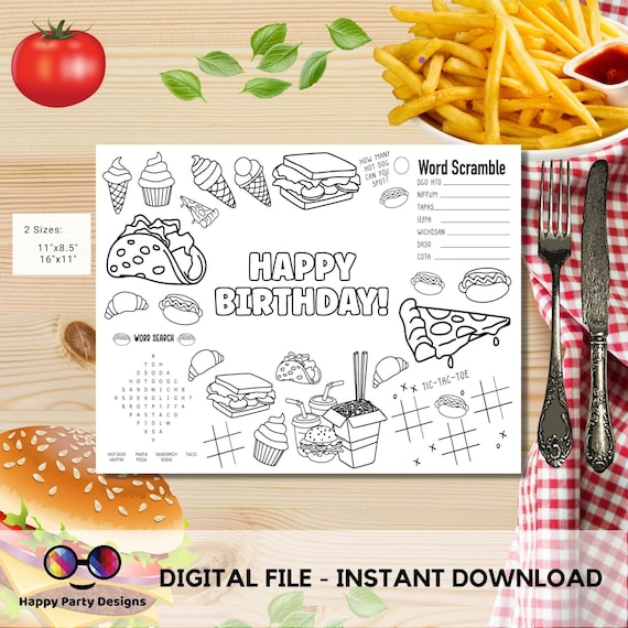 Food coloring activity page instant download pizza party hot dogs party food birthday party themed fast food birthday party k
