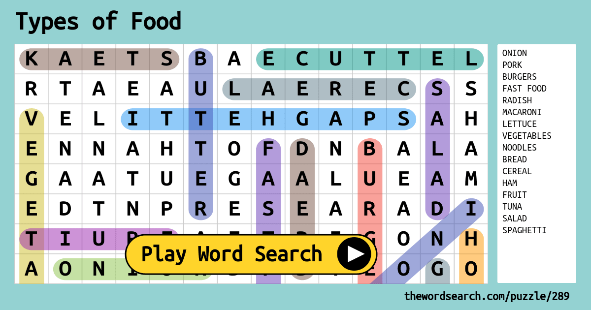 Download word search on types of food