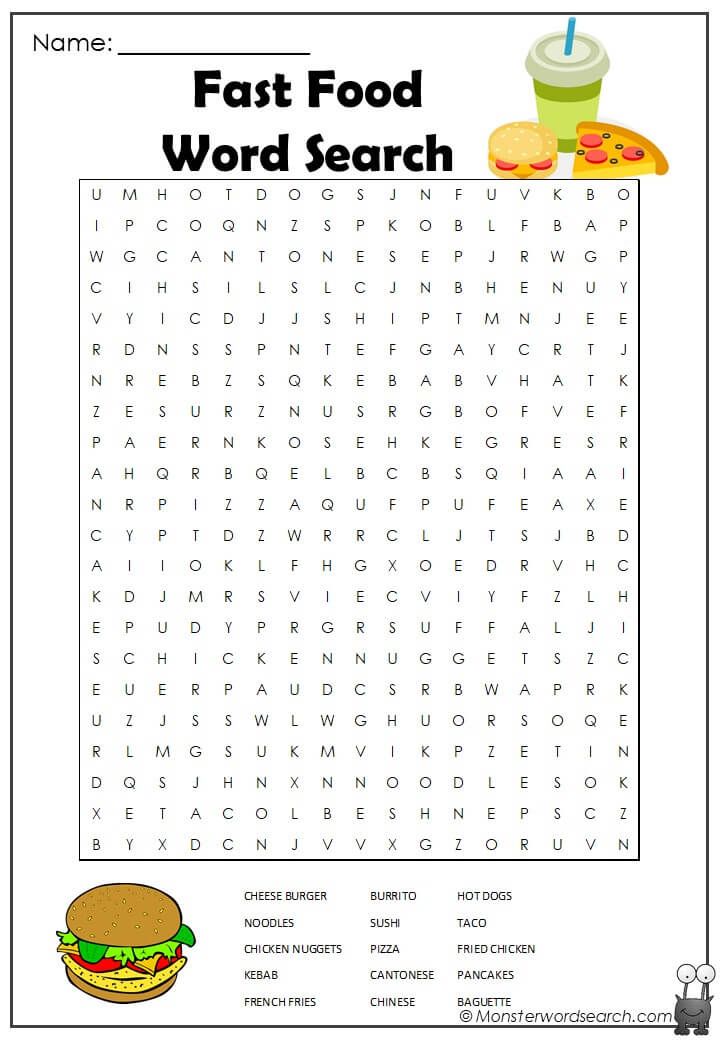 Fast food word search food words family and consumer science kids learning activities
