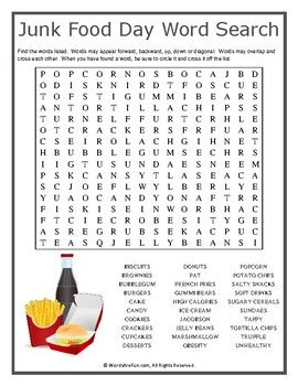 Junk food day word search puzzle junk food word find exercise for kids