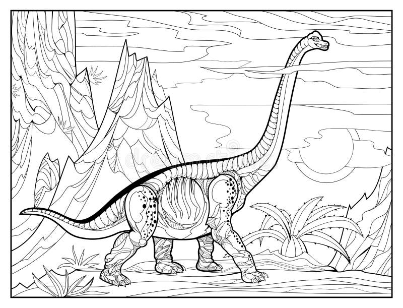 Coloring book for children and adults illustration of brontosaurus prehistoric dinosaur jurassic world stock vector