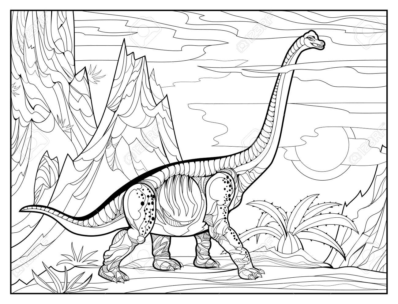 Coloring book for children and adults illustration of brontosaurus prehistoric dinosaur jurassic world black and white vector zentangle style image printable page for drawing and meditation royalty free svg cliparts vectors and