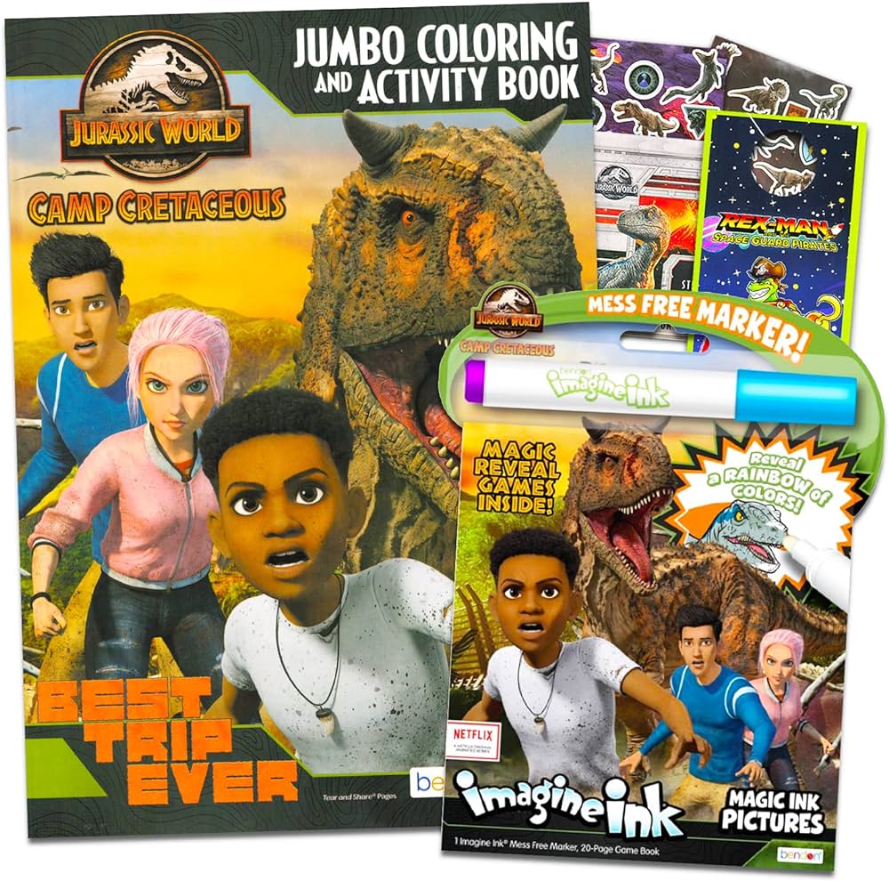Jurassic world camp cretaceous coloring book set with stickers bundle with jurassic world coloring and activity book imagine ink and more dino coloring pack toys games
