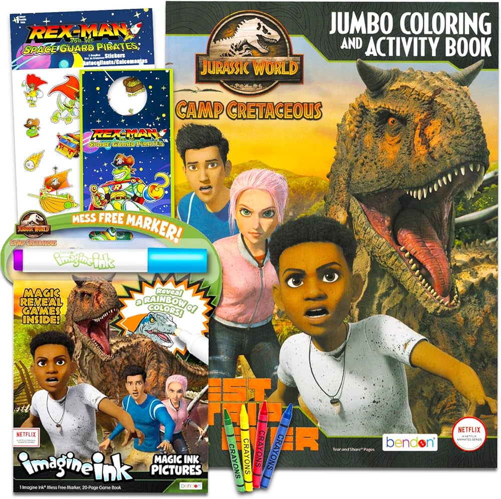 Jurassic world camp cretaceous coloring book set for kids bundle with jurassic world coloring and activity book imagine ink stickers crayons and more dino coloring pack camp cretaceous coloring book jurassic