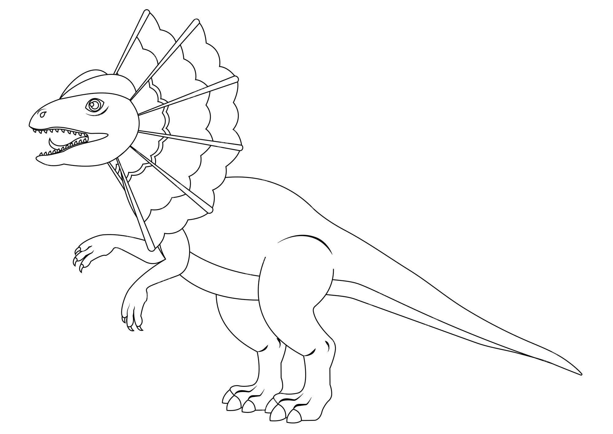 Premium vector black and white dilophosaurus dinosaur cartoon character vector coloring page of a dilofosauro dilophosaurus