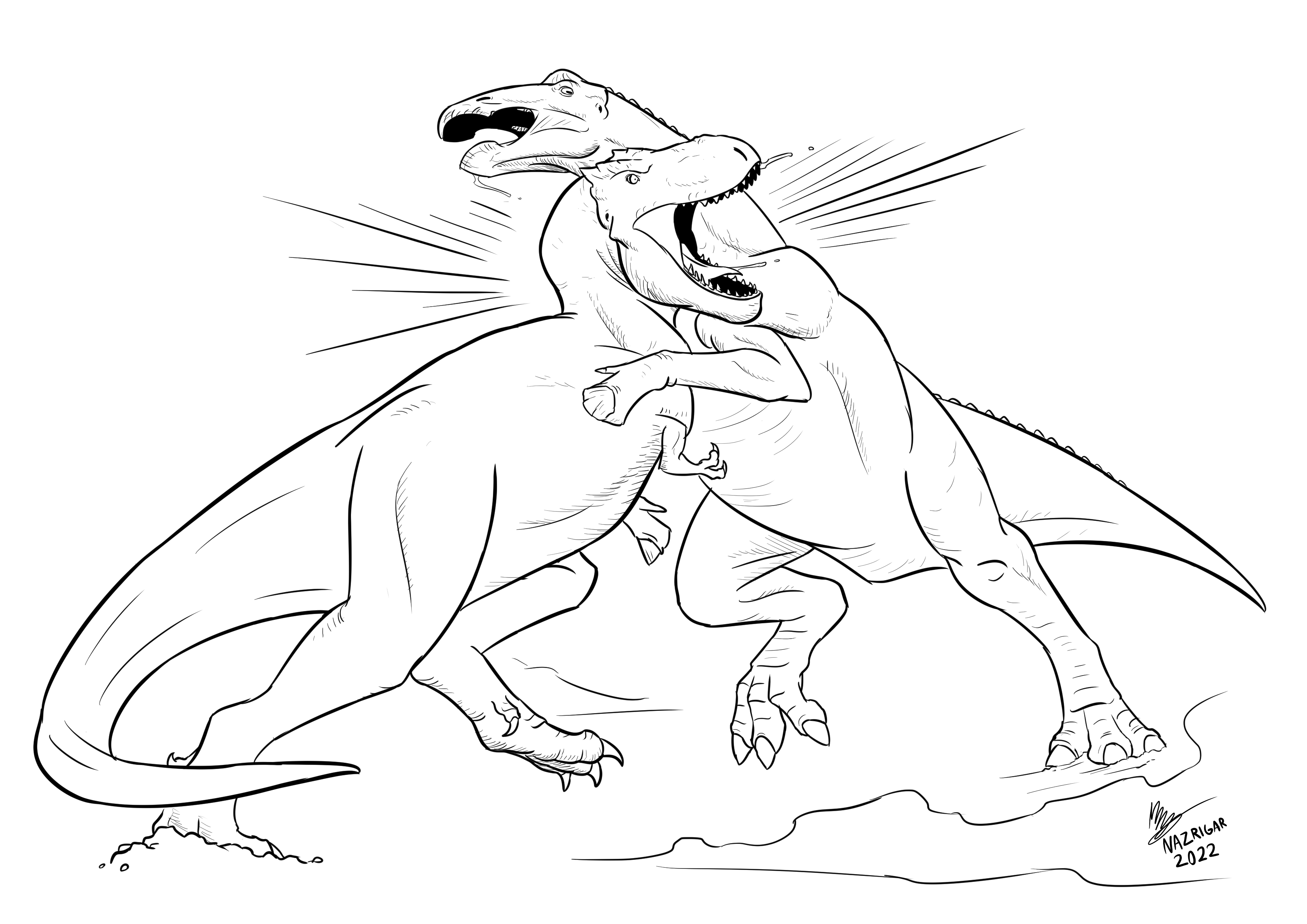 A desperate edmontosaurus tries to wrestle a trex to the ground art by me rnaturewasmetal