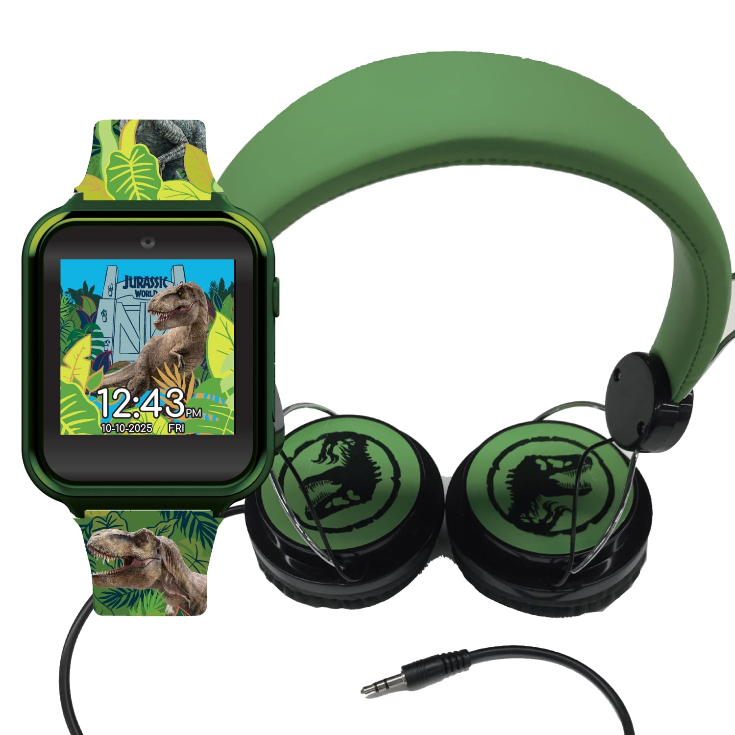 Jurassic world unisex child smart watch and headphone set in silicone strap green jrwwmc