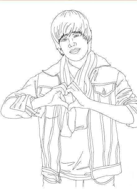 Teen idol justin bieber making a heart sign colouring page printable