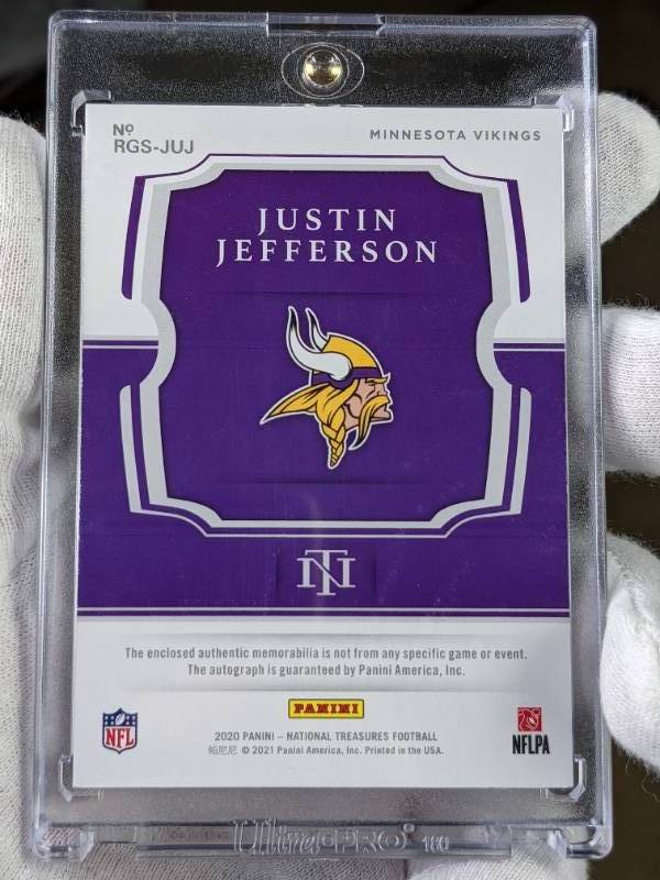 Justin jefferson national treasures autographed nfl football patch football rookie card sports memorabilia auction jefferson smith culpepper purple people eaters jefferson high end rookie cards more k