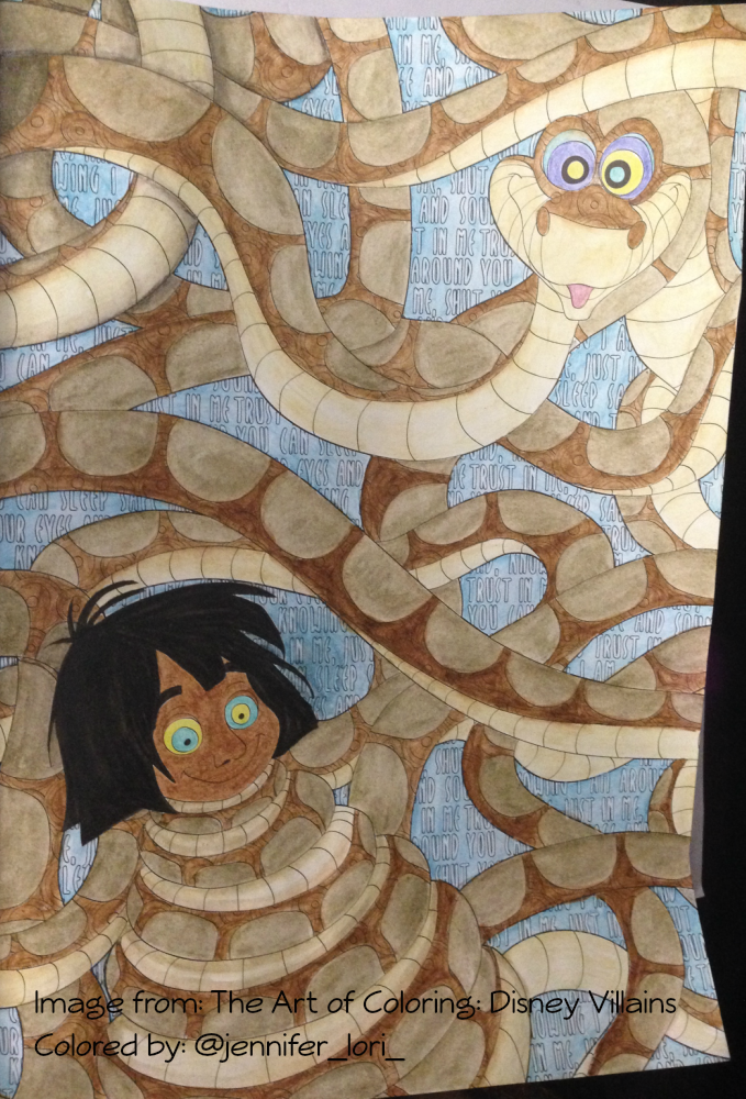 Coloring mowgli and kaa in the art of coloring disney villains with derwent inktense pencils