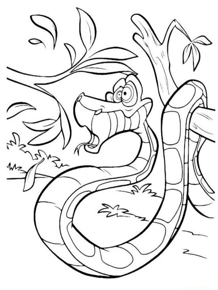 Drawing of a funny snake hanging on a tree coloring page