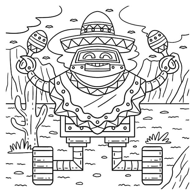 Premium vector a cute and funny coloring page of a robot with poncho and maracas provides hours of coloring fun for children to color this page is very easy suitable for
