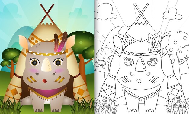 Premium vector coloring book for kids with a cute tribal boho rhino character illustration