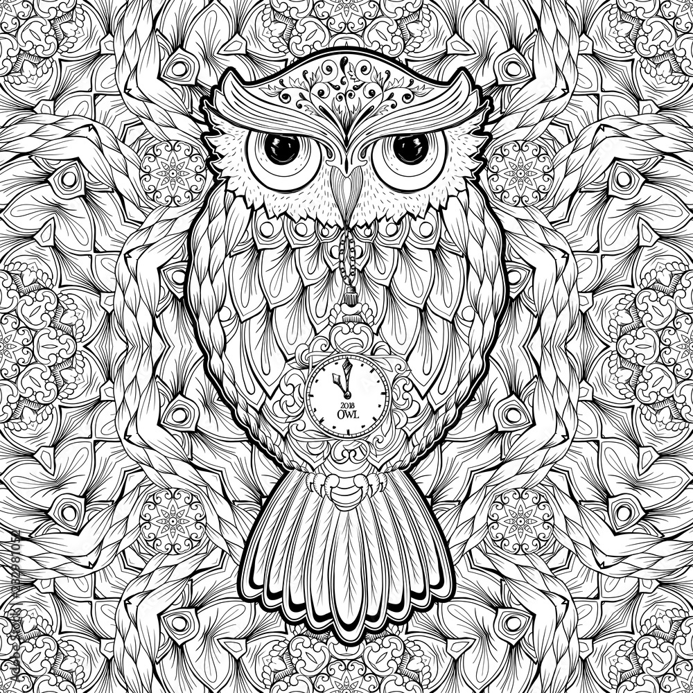 Owl coloring page or book cover vector poster design or tattoo with bird and antistress multicolored kaleidoscope seamless pattern on background for valentines day cards and hand