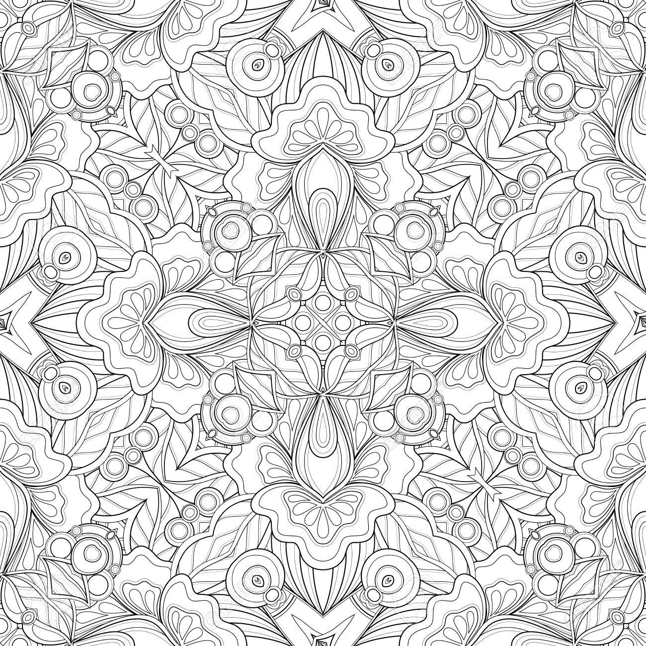 Pattern with mosaic floral motif endless tribal texture tile background kaleidoscope coloring book page contour illustration abstract mandala art doodle sketchy style royalty free svg cliparts vectors and stock illustration image
