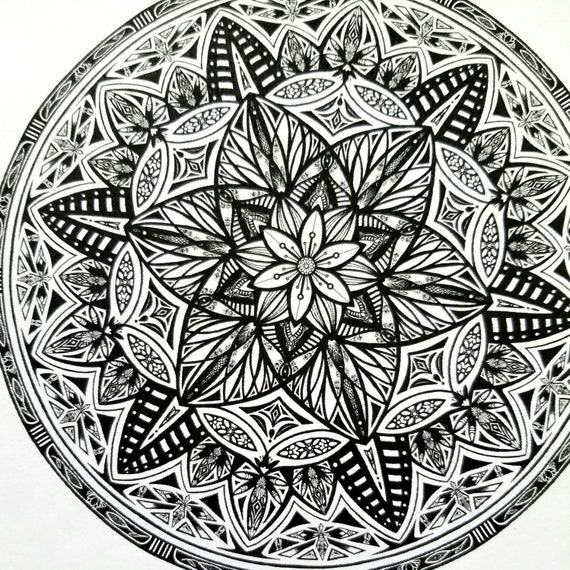 Black and white kaleidoscope mandala coloring page printable pdf jpeg