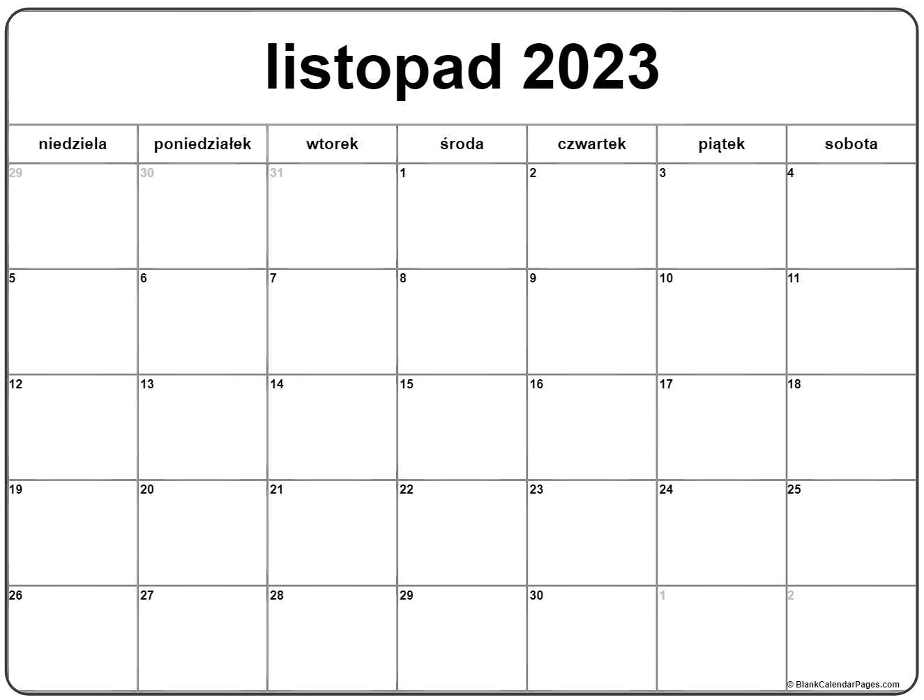Listopad bezpåatny kalendarz do druku kalendarz listopad