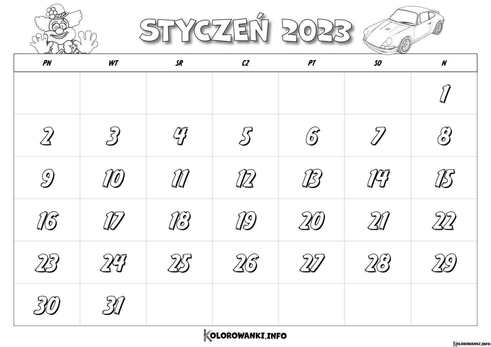 Styczeå kalendarz do druku