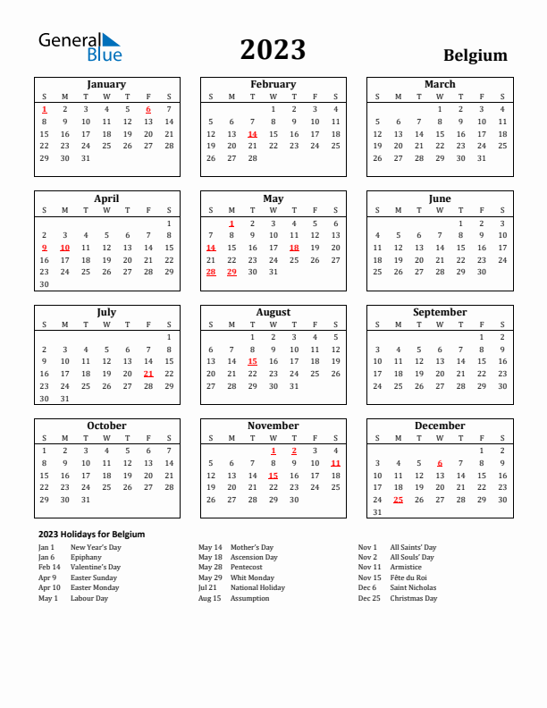 Belgium calendar with holidays