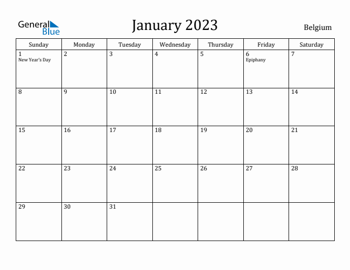 January monthly calendar with belgium holidays
