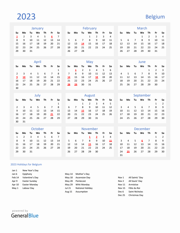 Belgium calendar with holidays