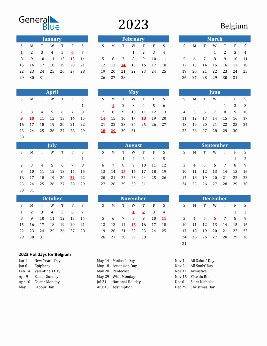 Belgium calendar with holidays