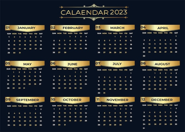 Premium vector yearly calendar in golden color isolated on a dark background