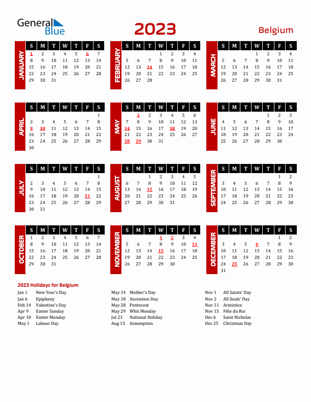 Belgium calendar with holidays