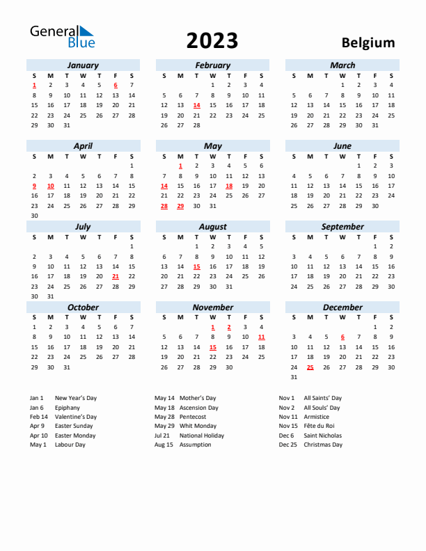 Belgium calendar with holidays