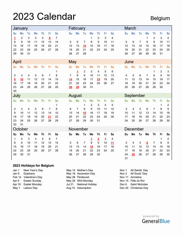 Belgium calendar with holidays