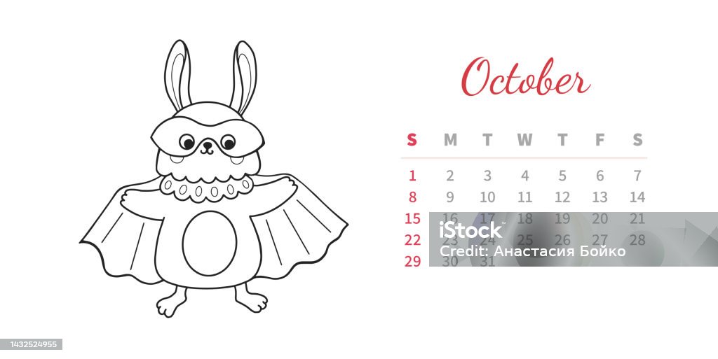 Oktober halaman kalender horizontal dengan kelinci garis besar yang lucu kelinci dengan kostum dan topeng halloween kelelawar simbol tahun baru imlek ilustrasi vektor buku mewarnai ilustrasi stok