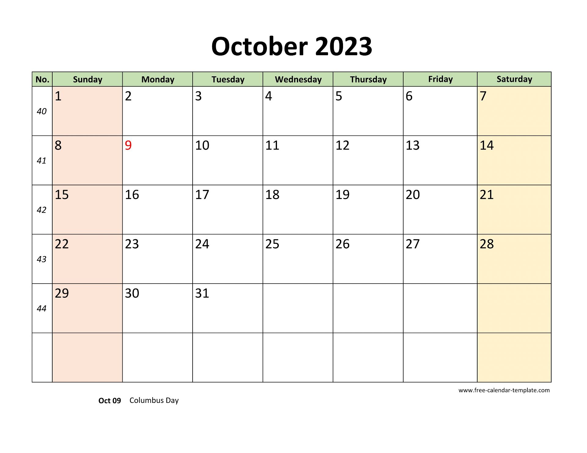 October calendar printable with coloring on weekend horizontal free