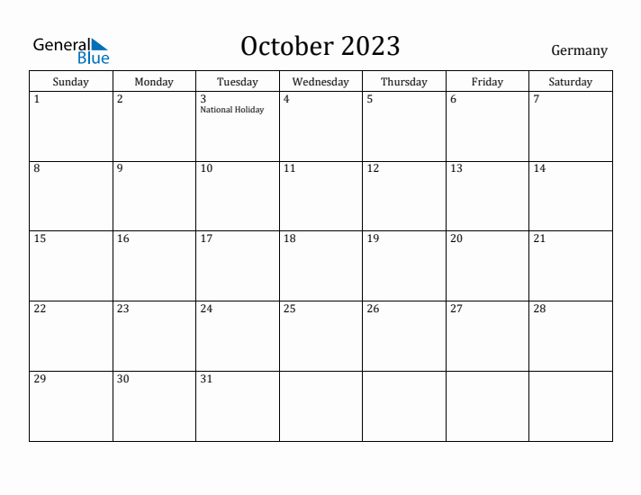 October monthly calendar with germany holidays