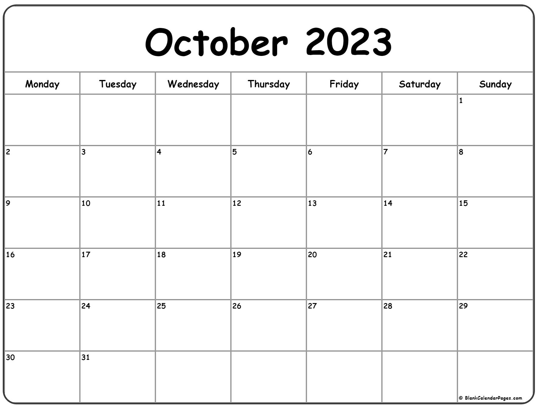 October monday calendar monday to sunday