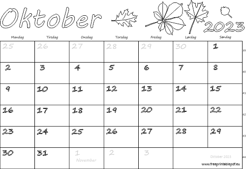Kalender oktober printervenlig gratis printable pdf
