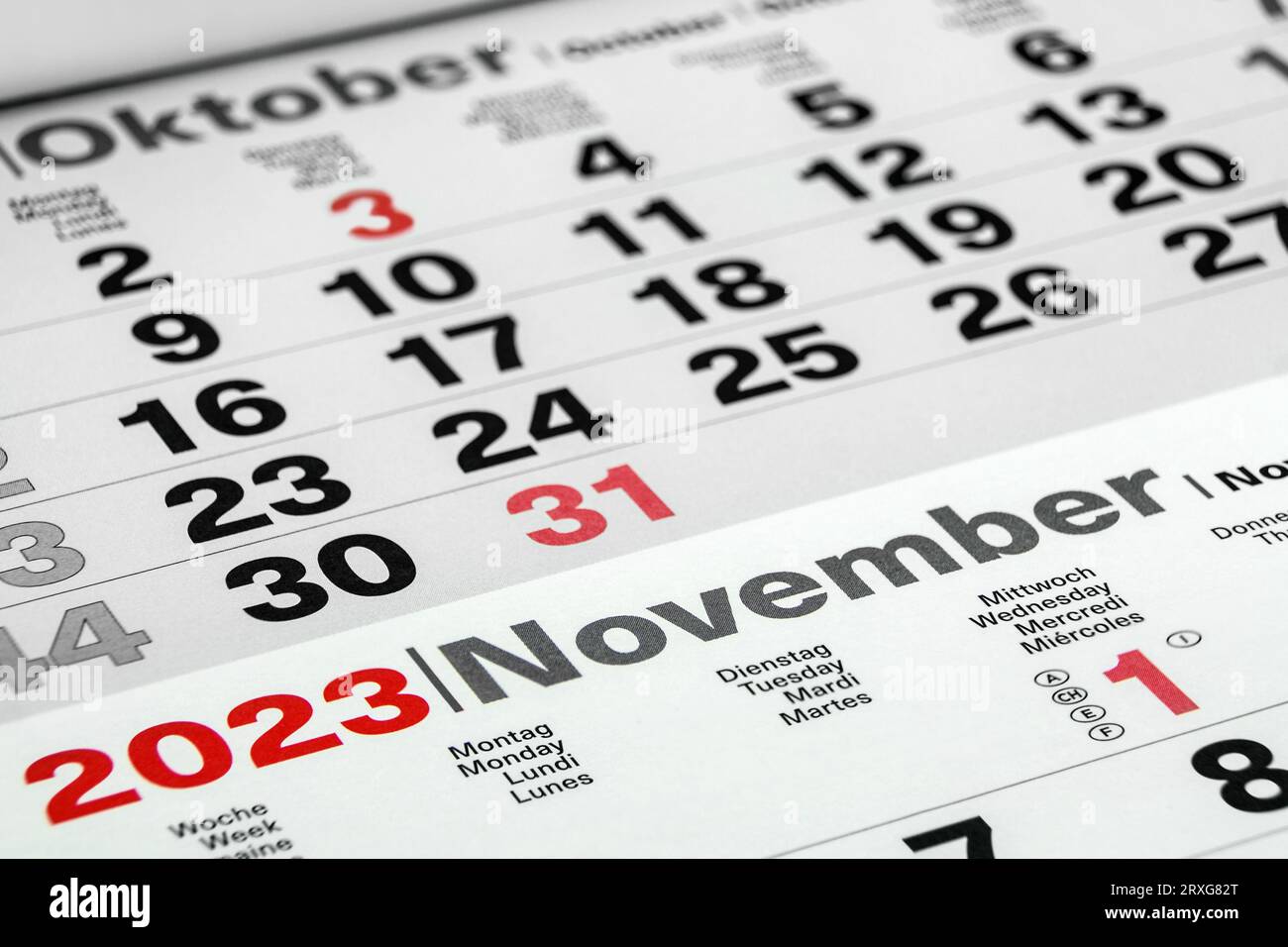 German calendar november and october week monday tuesday wednesday thursday stock photo