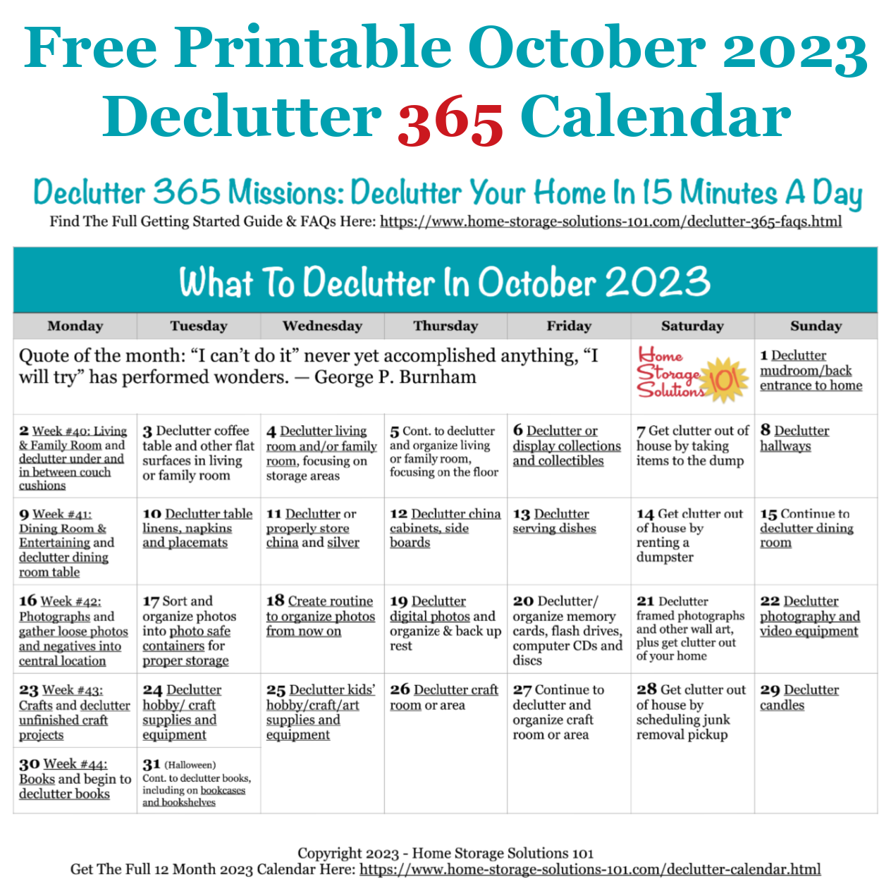 October declutter calendar minute daily missions for month