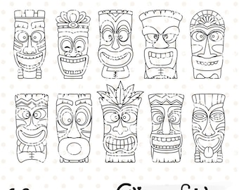 Cute tiki mask digital stamps polynesian culture outline maori coloring tiki statue luau party decor colouring instant download