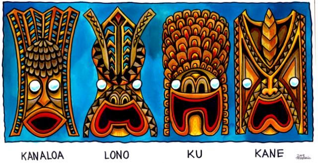 Kanaloa lono ku and kane drawn as tiki tiki art tiki tattoo tiki decor
