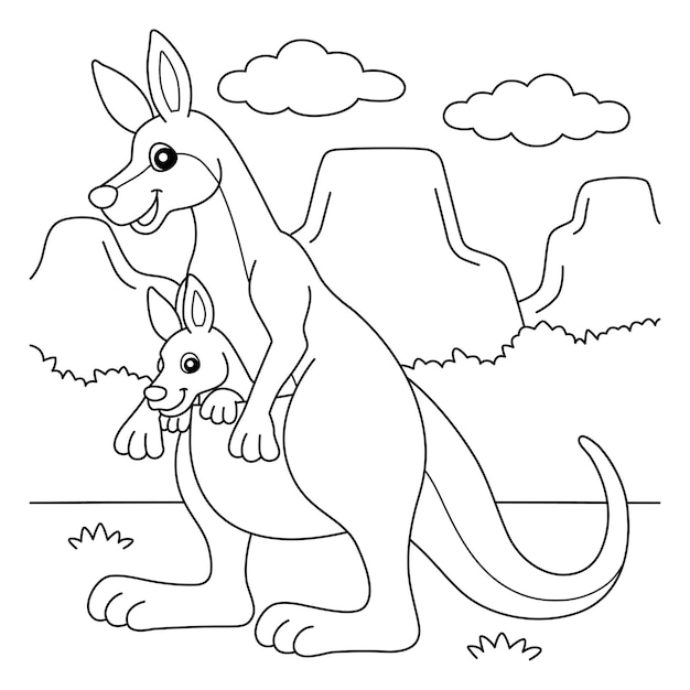 Premium vector kangaroo with baby coloring page for kids