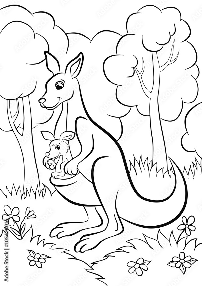 Coloring pages cute kind kangaroo with the baby in the forest vector