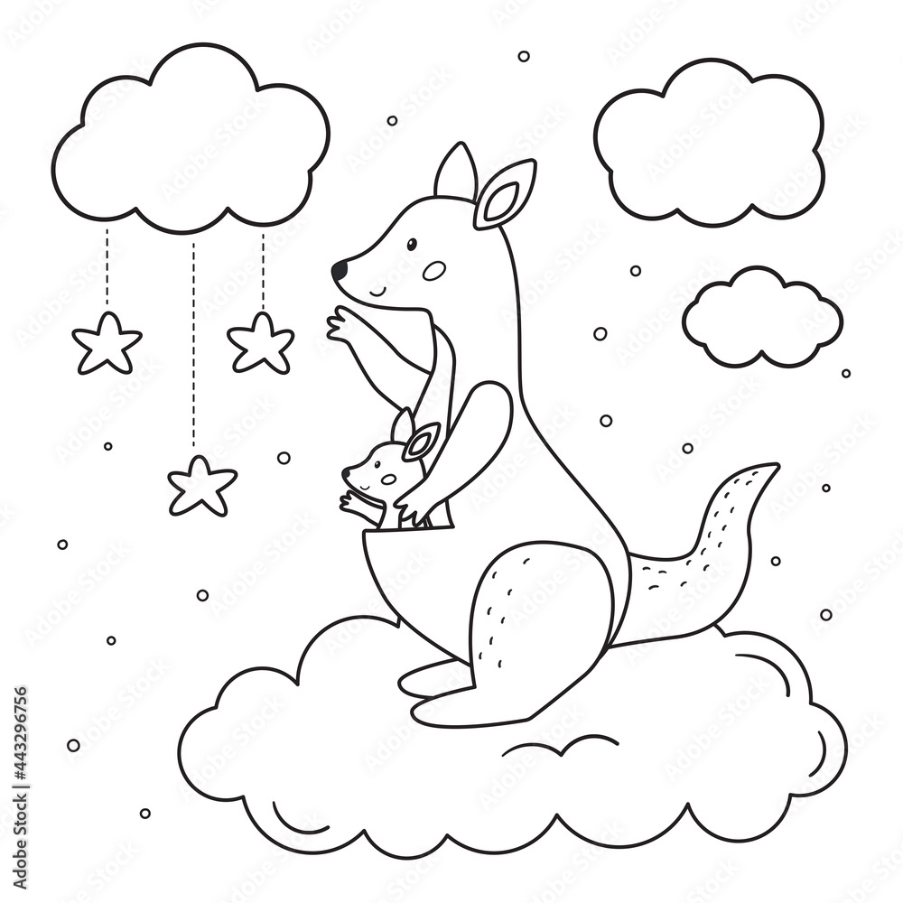 Coloring page for preschool children cute cartoon mother kangaroo with her baby animals on cloud with stars mothers day black and white outline vector illustration vector