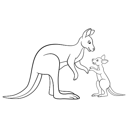 Coloring pages mother kangaroo with her little baby stock illustration
