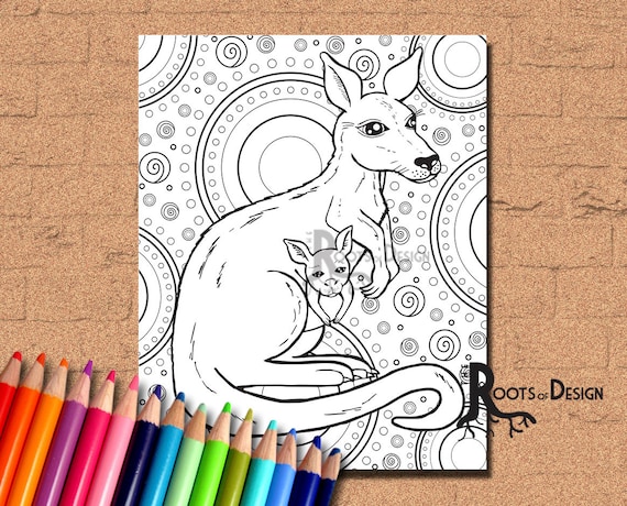 Instant download coloring page kangaroo with baby art coloring print doodle art printable
