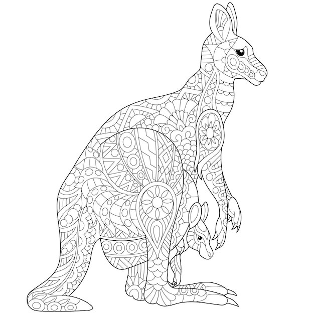 Premium vector kangaroo family zentangle colouring illustration line art design for adult coloring book page