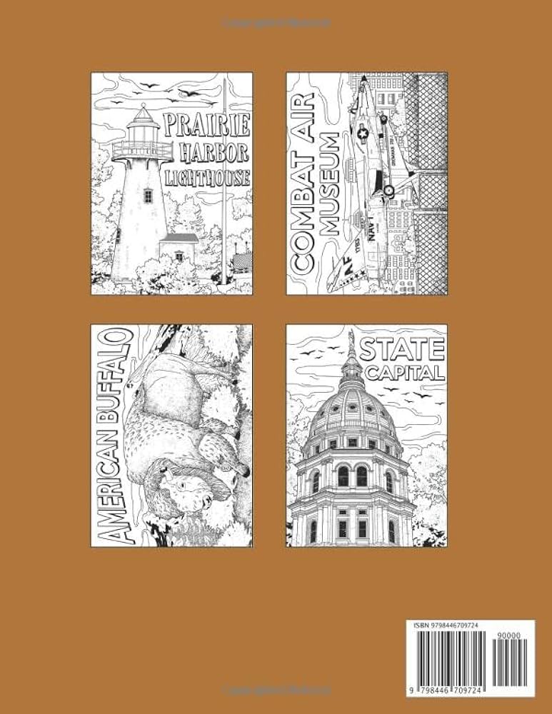 Kansas coloring book adult coloring pages painting on usa states landmarks and iconic stress relief pictures gifts for kansas tourist publishing paperland books