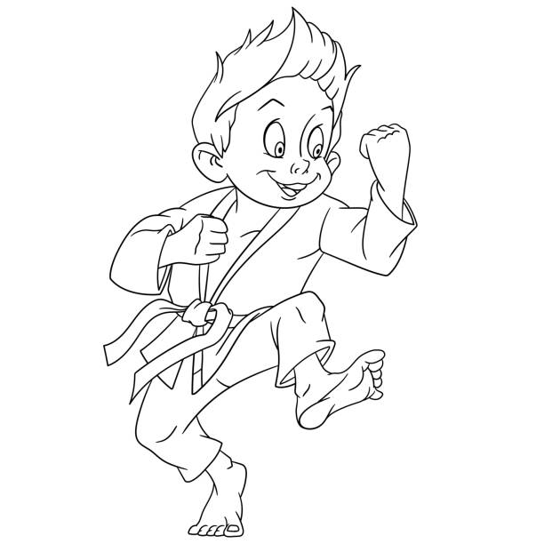 Coloring page with karate boy stock illustration