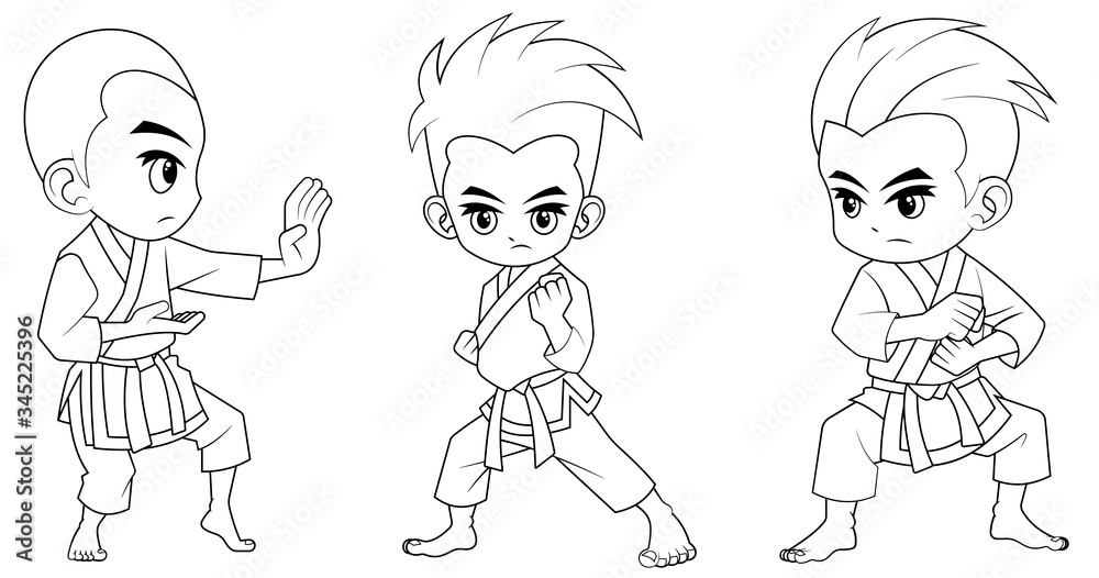 Collection of cartoon karate kid used for coloring book vector