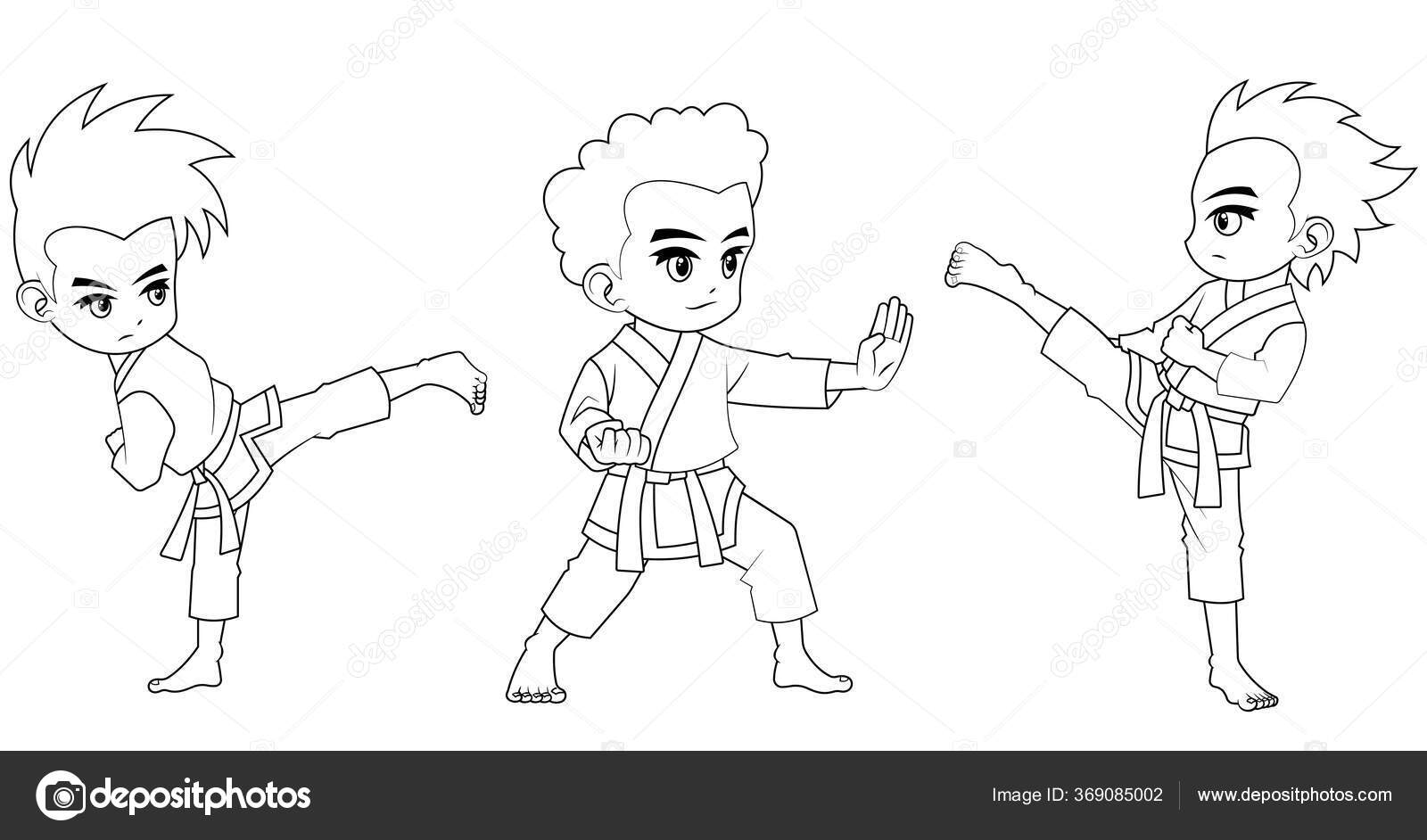Collection cartoon karate kid used coloring book stock vector by sofyandesign