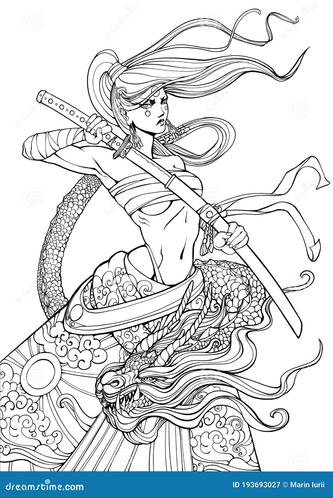 Coloring page for adults female samurai with a katana and a dragon stock illustration